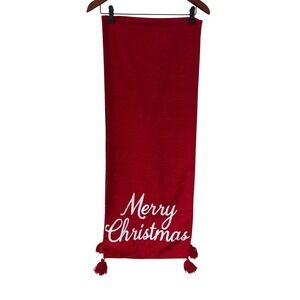 At Home Red Merry Christmas Table Runner Embroidered Tassels Holiday Decor 72in